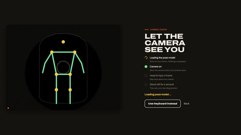 The camera check screen: a mirrored preview with the detected skeleton drawn over the player and a checklist of setup steps.