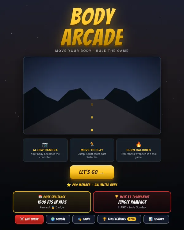 The BodyArcade start screen with the daily challenge, weekly tournament and live lobby buttons.