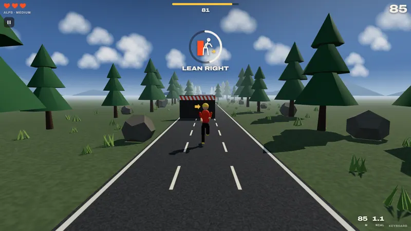 A run in the Alps world: the runner approaches an overhead bar while the prompt ring at the top says Duck.