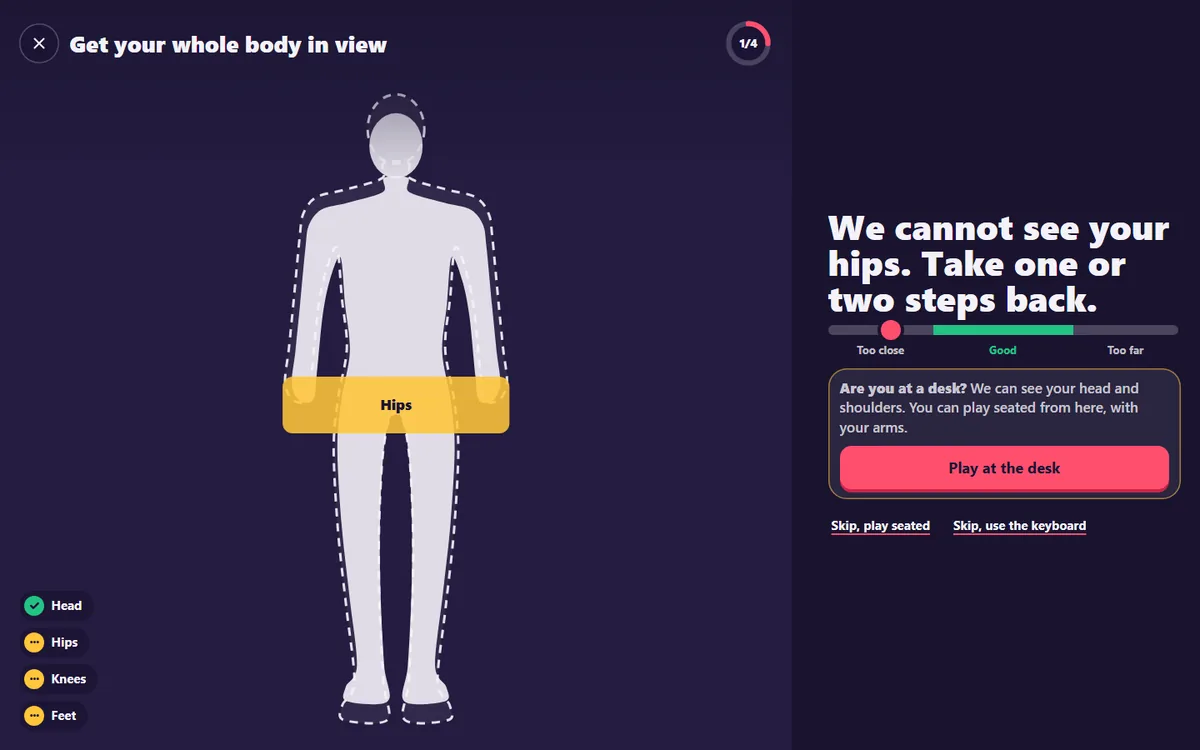 The camera check of BodyArcade on a wide screen. An outline of a body shows where the head, hips, knees and feet should be, the hips are marked yellow, and a panel offers a button called Play at the desk.