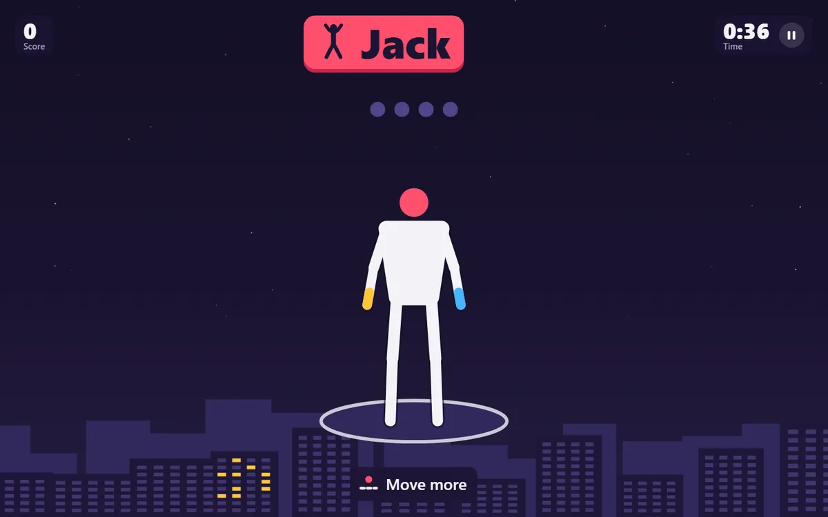 Firework Jacks on a wide screen: a white figure with a red head stands on a ring in front of a night city skyline, with the command Jack at the top, the score at the top left and the time at the top right.