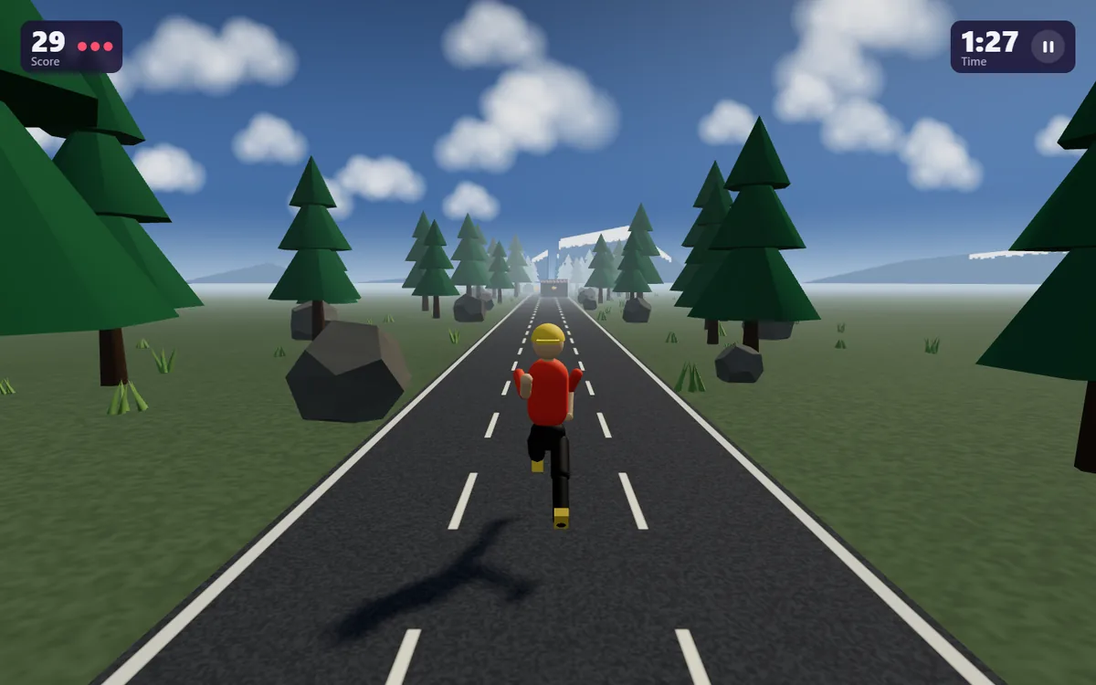 Road Run on a wide screen: a runner in a red jacket and yellow helmet on a road through a pine forest, with the score at the top left and the time at the top right.