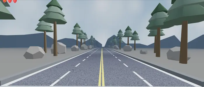 Alps world: pines and grey boulders beside a mountain road.