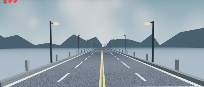 Coast world: a causeway with lamps over calm water.