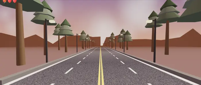 Sunset world: pine trees and street lamps under a pink evening sky.