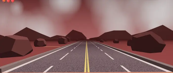 A run in the Volcano world with dark red rocks along the road.